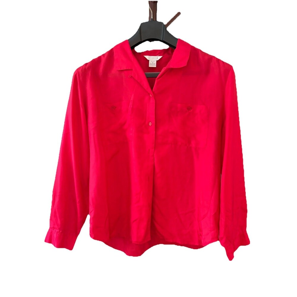 Vintage Sellecca Red Silk Long Sleeve Collared Button Up Shirt